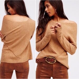 Free People Love & Harmony Wool Blend Asymmetrical Sweater Off Shoulder Tan Sz S
